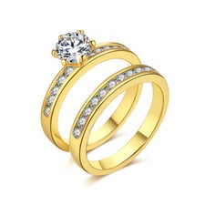 Womens Gold Plated Elegant Prong Set AAA CZ Engagement Wedding Ring Set DR88
