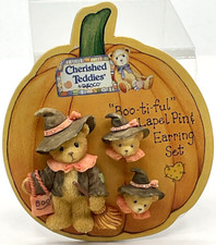 1996 Cherished Teddies Enesco Lapel Pin  Post Back Earring Set Halloween Fall