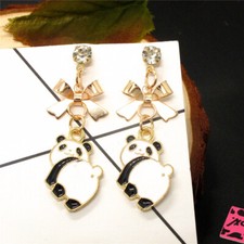 New Fashion Women White Enamel Cute Panda Bow Crystal Stand Earrings Gifts