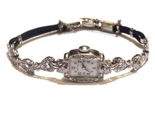 14K white gold Hamilton Vintage diamond black cord watch .65ct 14.7g estate 7