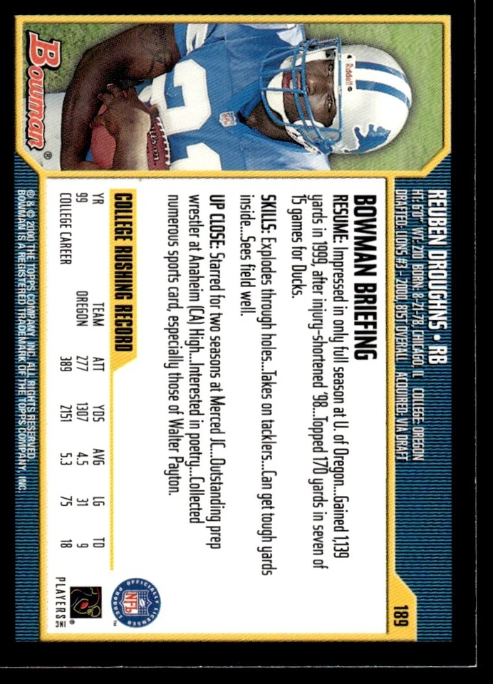 2000 Bowman Reuben Droughns Rookie Detroit Lions #189 - Image 2 of 2