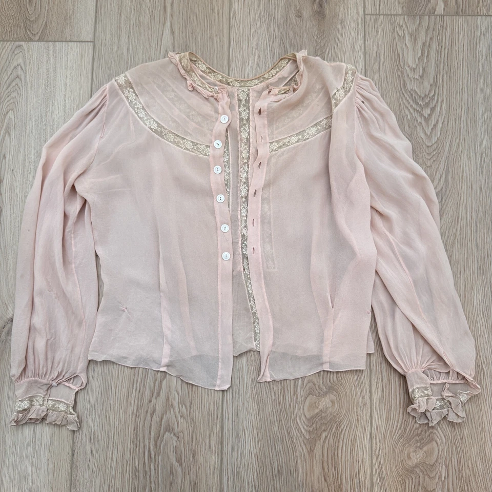 Antique 1920s Button Down Silk Lace Blouse Blush Pink Balloon Sleeve Flapper - Image 2 of 4