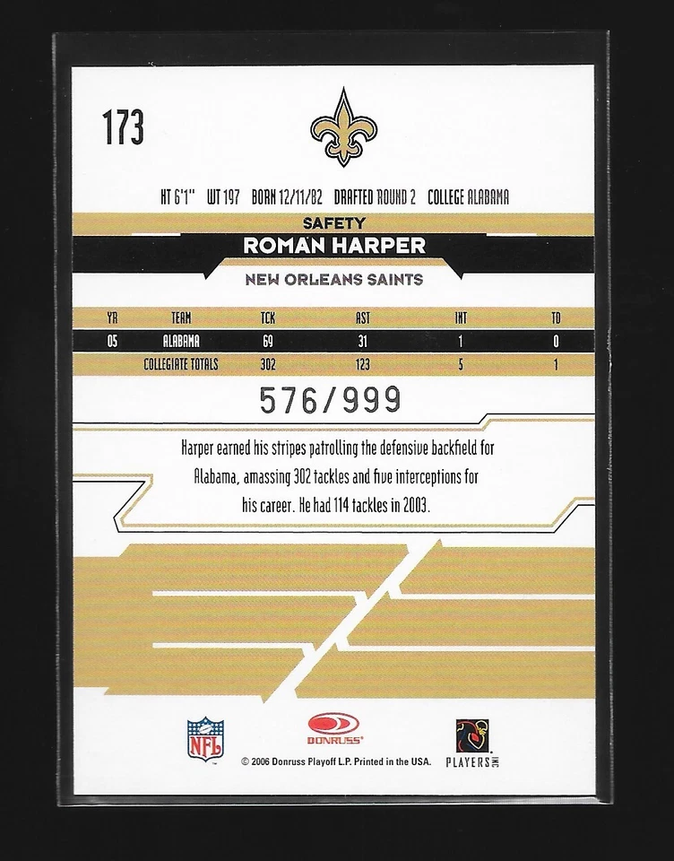 2006 Leaf Rookies & Stars - Rookie #173 Roman Harper /999 RC New Orleans Saints - Image 2 of 2