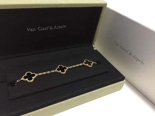 VC & Arpels Vintage Alhambra 18K YG 5 Motifs Onyx Bracelet - Bild 2 von 5