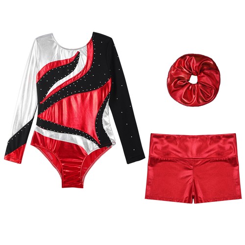 Kids Girls Outfit Metallic Set Rhinestones Dancewear Shiny Round Neckline Dance - Picture 47 of 53