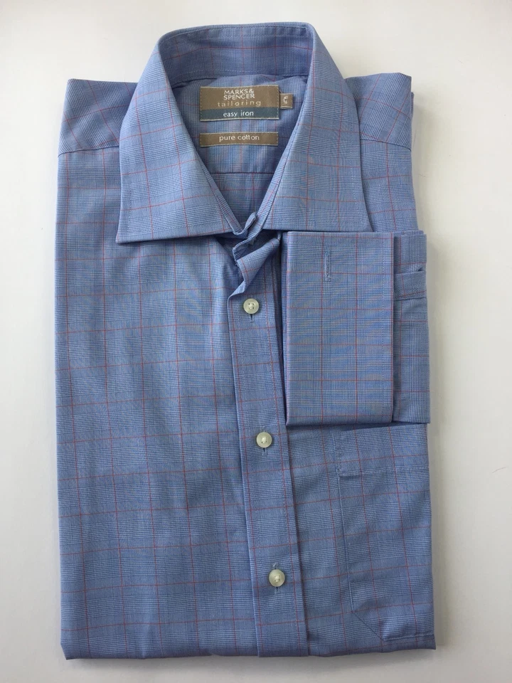 Camisa de vestir Marks & Spencer para hombre manga larga azul rojo a cuadros 16 algodón Foto 2 de 4