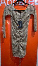 Pretty Little Thing Metallic Ruched Front Bardot Bodycon Dress,Gold,Size 12, /B5