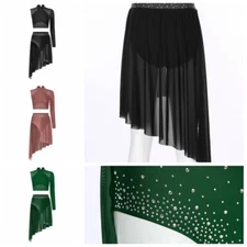 Women Dancewear Stage Costume Sparkly Outfit Prom Top With Skirts Ice Skating