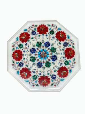 12'' Marble Table Top Handmade Semi Precious Stone Pietra Dura Art Home Decor
