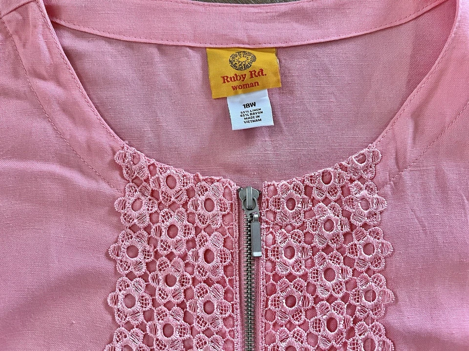 Ruby Rd 18W Linen Blend Lace Embellished Blazer Jacket Zip Up Pink Light READ - Image 3 of 4