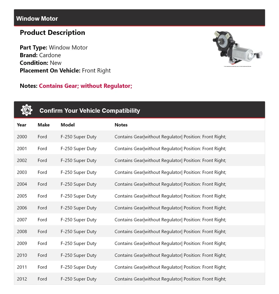 Motor de ventana delantero derecho cardone 2001 2002 para Ford F-250 Super Duty 2000-2012 Foto 2 de 4
