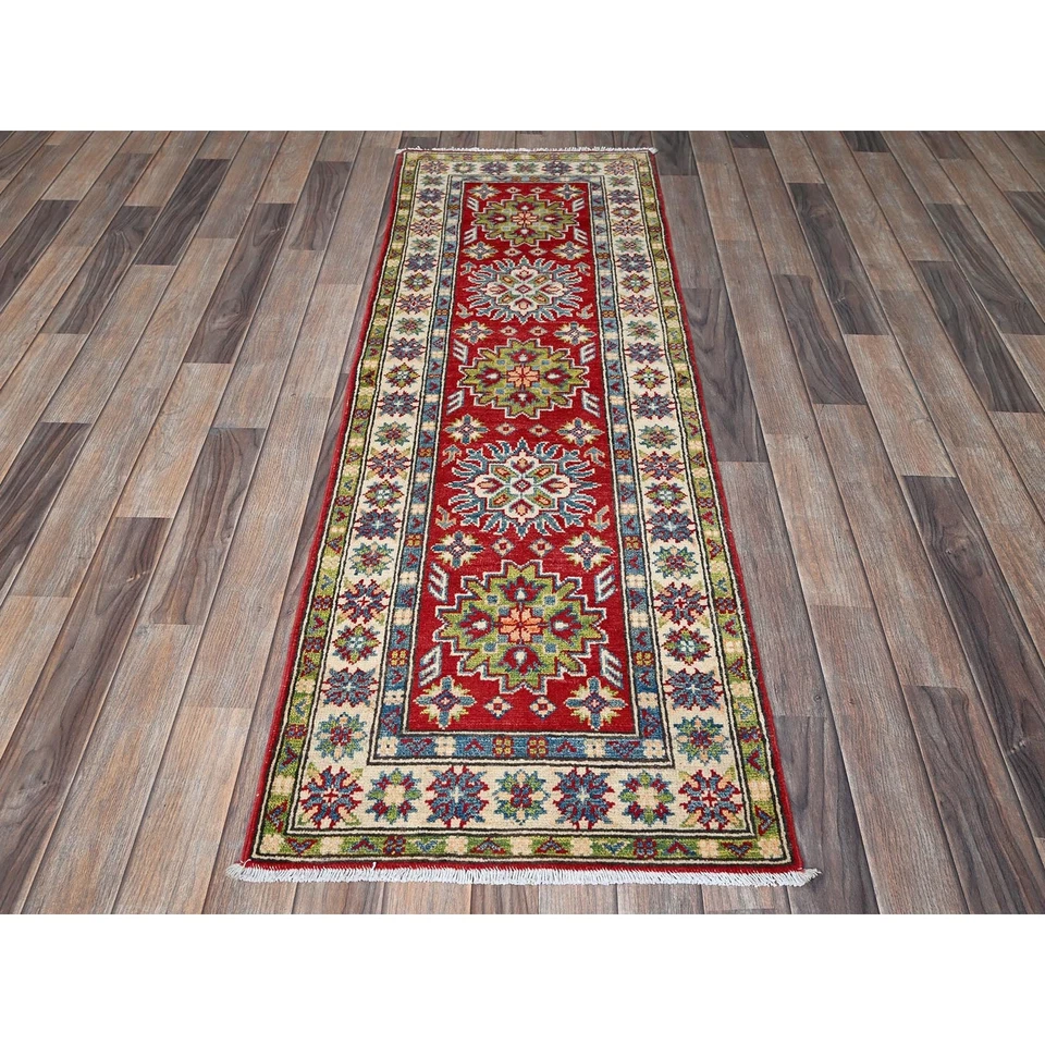 2'x5'10" Red Kazak with Tribal Design Soft Wool Hand Knotted Runner Rug R511 - Image 2 of 4