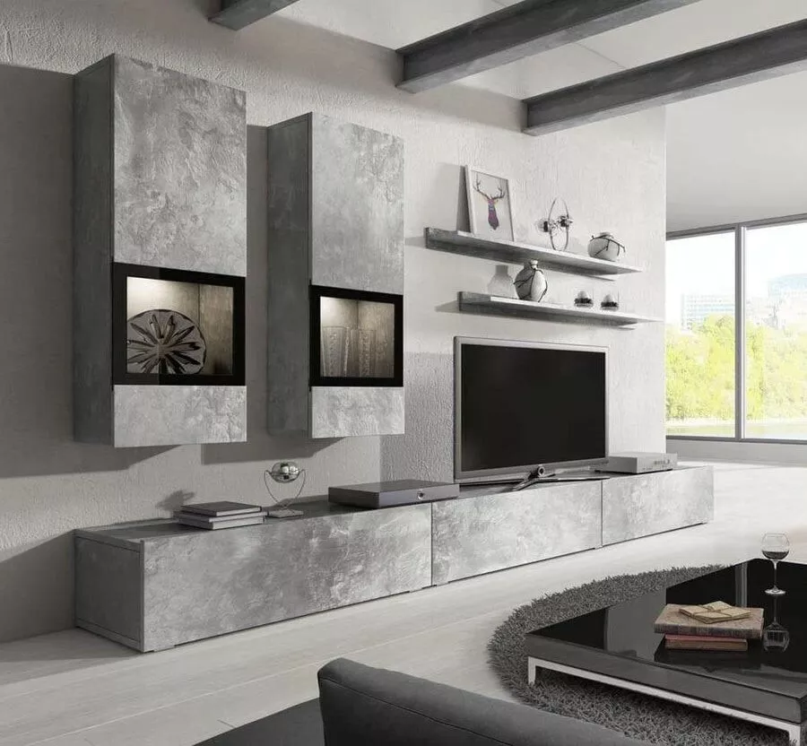 Concrete Grey Living Room Furniture Set Entertainment Unit TV Stand Cabinet LED