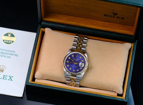 ROLEX MENS DATEJUST BLUE DIAL 18KY GOLD FLUTED BEZEL WATCH 16013 BOX & PAPERS - Picture 2 of 22