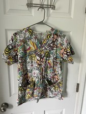 Funky Monkey Dance Short Sleeve Medium Scrub Top White Multicolor