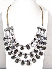 Beachy Boho Tribal Style White Silver Done Disc Charm Layered Statement Necklace