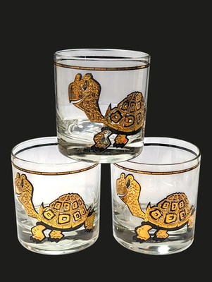 MCM Rare Culver 22k Gold Turtle Lowball Whiskey Glass Set Of Three Hard To Find