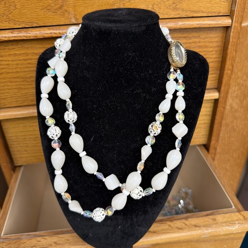 Vintage Two Strand Retro Necklace with Clear Crystal Beads and Acrylic. 18"