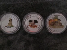 3-COINS: 2006 DOG 2007 PIG 2008 MOUSE  AUSTRALIA LUNAR 5 Oz COLORIZED SILVER