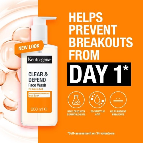 Neutrogena Clear&Defend Face Wash 2% Salicylic Acid Oil-Free Facial Clean 200ml - Picture 13 of 20