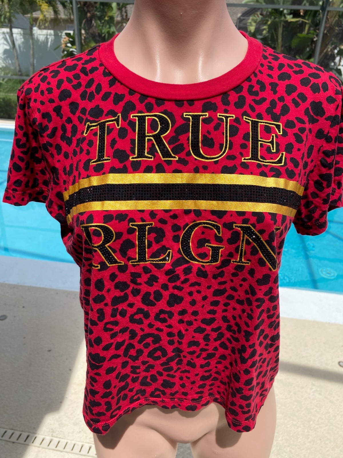 True Religion Red Leopard sequins Gold Womens S/S  T-shirt Top L Large Crop