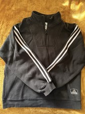 adidas Boys Youth Large Black Fleece 1/4 Zip Sweatshirt Hooded Striped Sleeves