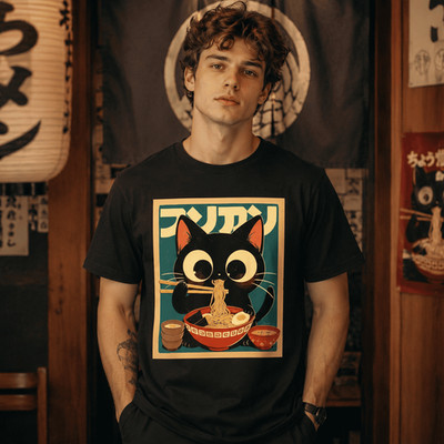 Anime Cat Ramen T-Shirt Japanese Kawaii Graphic Funny Streetwear Tee