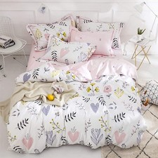 Floral Love Print Girls Duvet Cover Full Size White/Pink Cotton Premium Bloss...