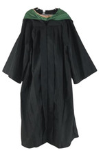 Jostens Black Graduation Gown with Green Yellow Hood, Size 5'10"-6'0", Pre-owned