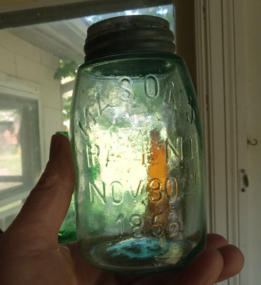 MIDGET SMALL MOUTH PT MASON'S PATENT NOV 30TH 1858 REVERSE HERO CROSS FRUIT JAR