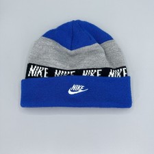 Nike One Size Boys Blue Gray Knit Beanie Winter Hat Cuffed Acrylic