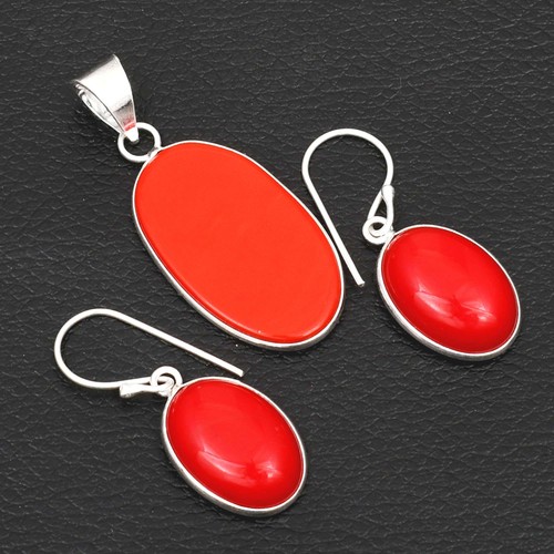 Coral Gemstone Handmade Pendant+Earring Jewelry Gift For Wedding 1.8" AP-23531