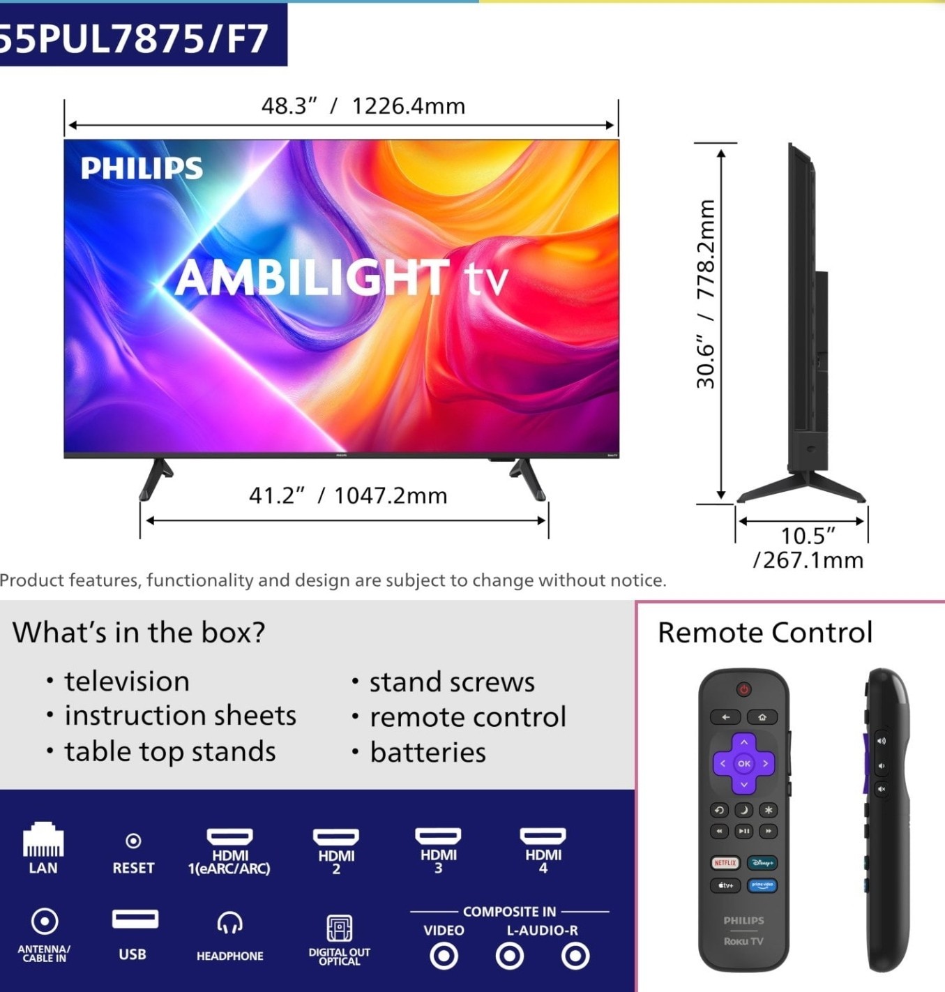 Philips 55" 55PUL7875/F7 4K UHD Ambilight ROKU Smart TV