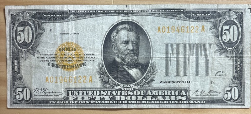 1928 $50 Fifty Dollar Gold Certificate Currency Note