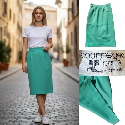 Vtg 70s Courreges France Hyperbole Mint Green Wool Pleat Pencil Skirt SzB US 6-8