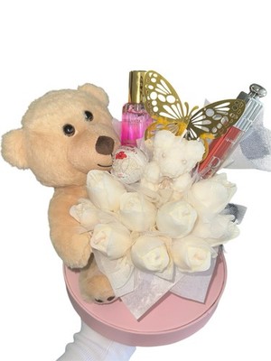 Bellavita Gift Basket Teddy Bear, White Roses, Chocolate, Cosmetics, Pink Box