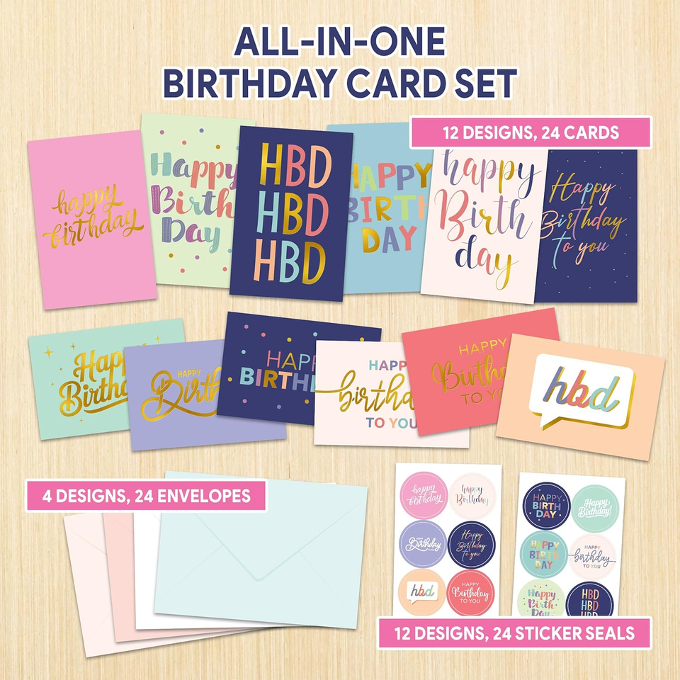 24 Pack 6X4In Gold Foil Blank Birthday Cards with Envelopes and ...