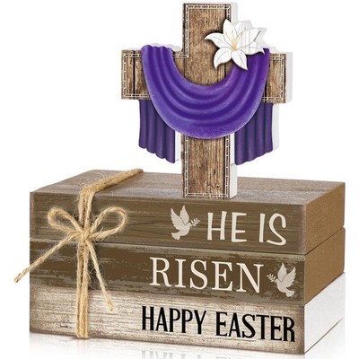 Easter He Is Risen Wooden Sign Table Centerpiece Cross Faux Book 4 PCS