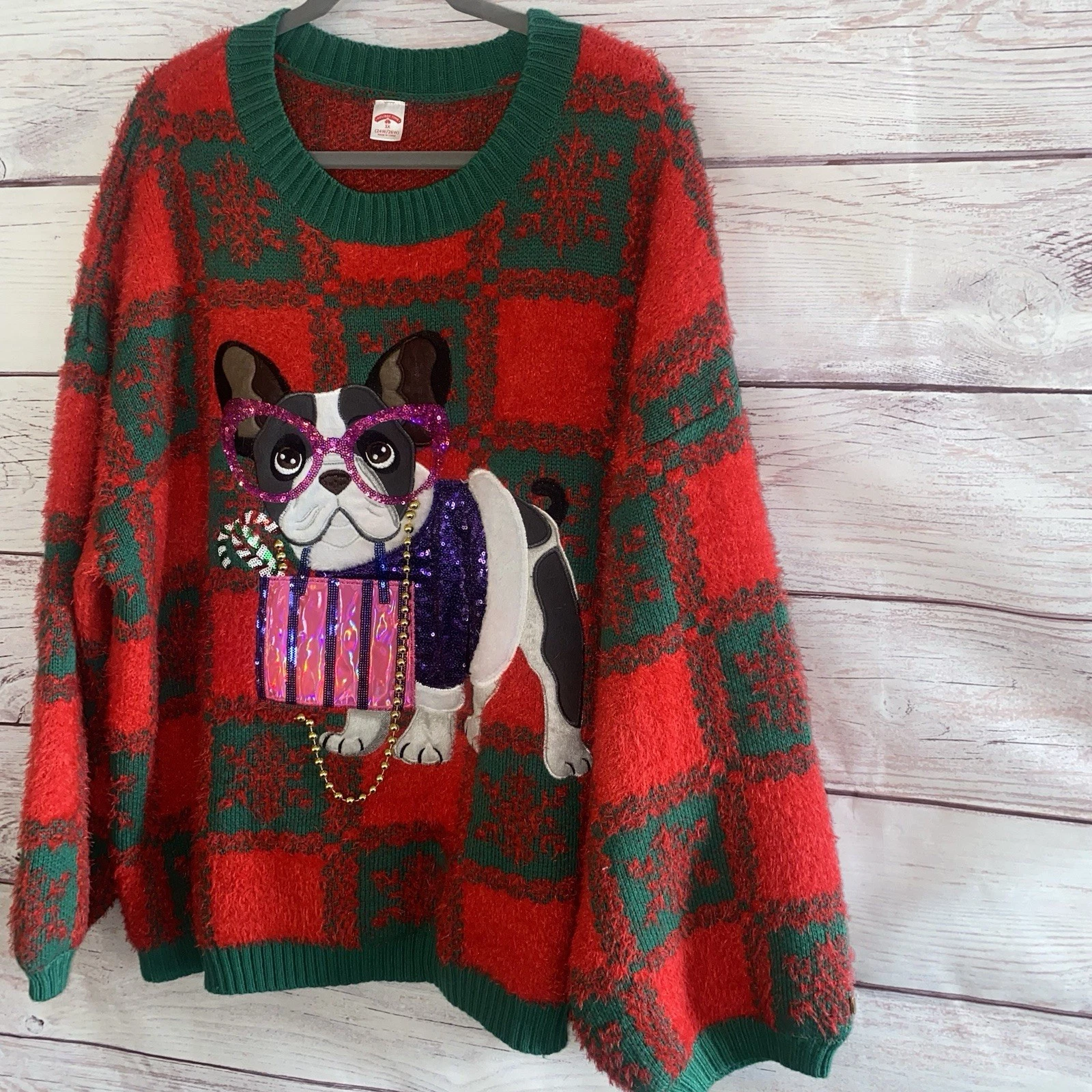 Holiday Time Women Boston Terrier Ugly Christmas Sweater Size 3X Red Green Plaid
