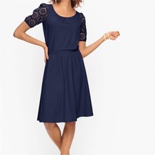 Talbots Navy Blue Cotton Modal Eyelet Sleeve Slub Knit Midi Dress Size XS