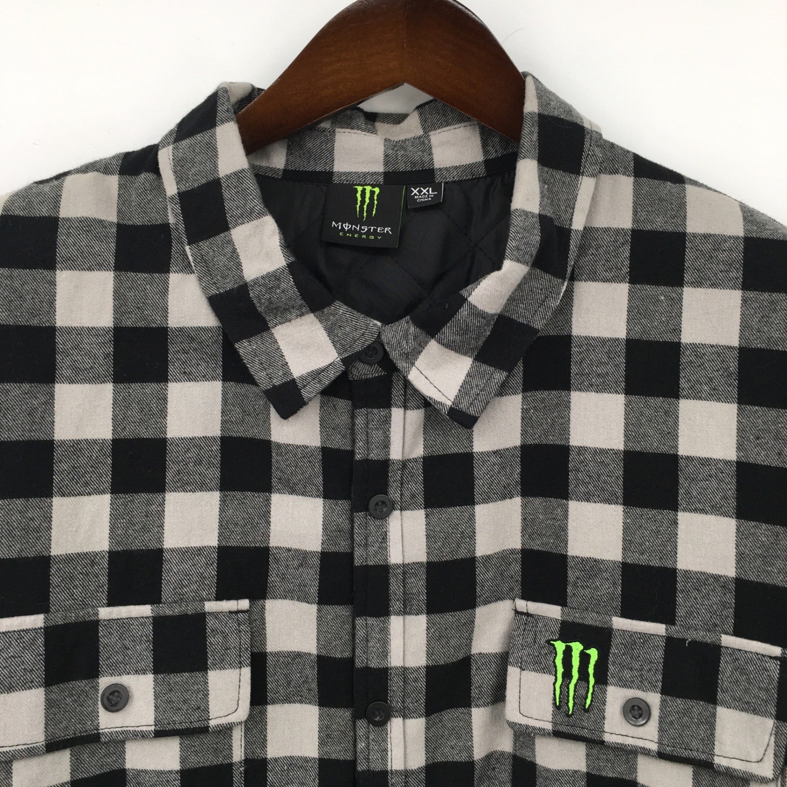 Monster Energy Quilted Flannel Shirt Jacket Mens XXL Plaid Button Shacket Black - second product detail image