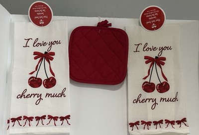 2 Flour Sack  Towels,  I Love You Cherry Much  Valentines Day 2 Red Potholders