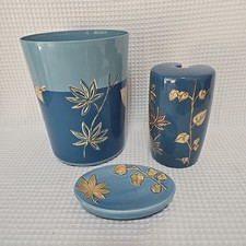 Vtg Spring Maid Block Palm Toilet Brush, Soap Tray, and Trash Can Vanity Set