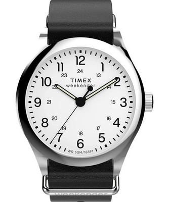 Timex Weekender Herrenuhr TW2Y35900 Quarz weißes Ziffernblatt schwarzes Lederband 50M