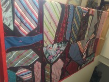 Vintage Crazy Quilt Mid 1900s 68 1/2 x 80 Inches Made With Ties Handkerchiefs .