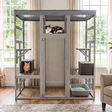 62.6" Wooden Catio Enclosure w/ Waterproof Cover, 2 Houses   Outdoor Cat Cage