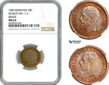 AL213, Romania, Carol I, Pattern 20 Lei 1906 (40th Anniversary), NGC MS62