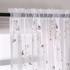 Floral Embroidered Sheer Curtains for Girls Room Purple Buds Retro Voile Curtain