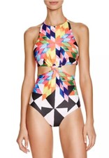 NWT 253 Sz M Mara Hoffman Fractals Knot Front One-Piece Swimsuit Peach Multi