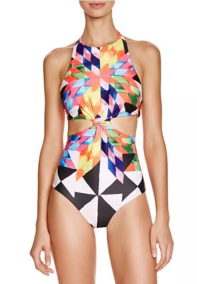 NWT $253 Sz M Mara Hoffman Fractals Knot Front One-Piece Swimsuit Peach Multi